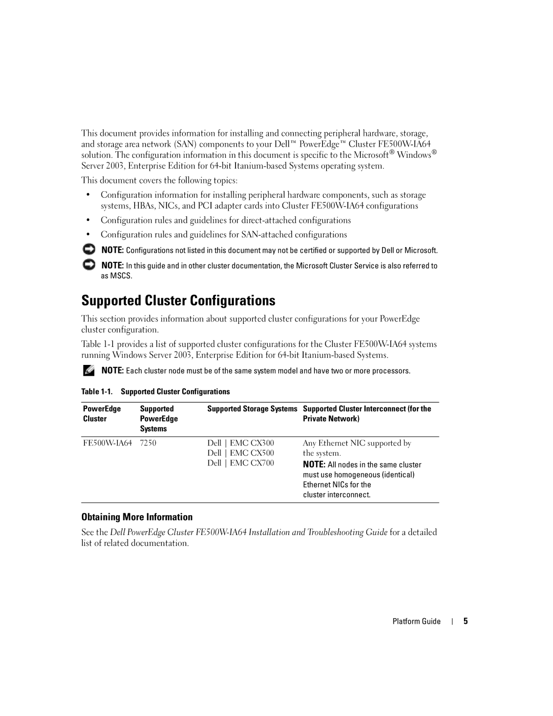 Dell FE500-IA64 SYSTEMS manual Supported Cluster Configurations, Obtaining More Information 