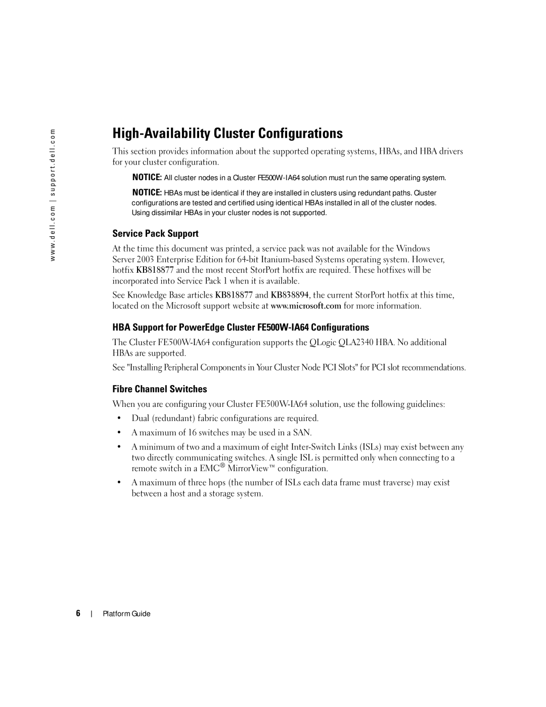 Dell FE500-IA64 SYSTEMS manual High-Availability Cluster Configurations, Service Pack Support, Fibre Channel Switches 