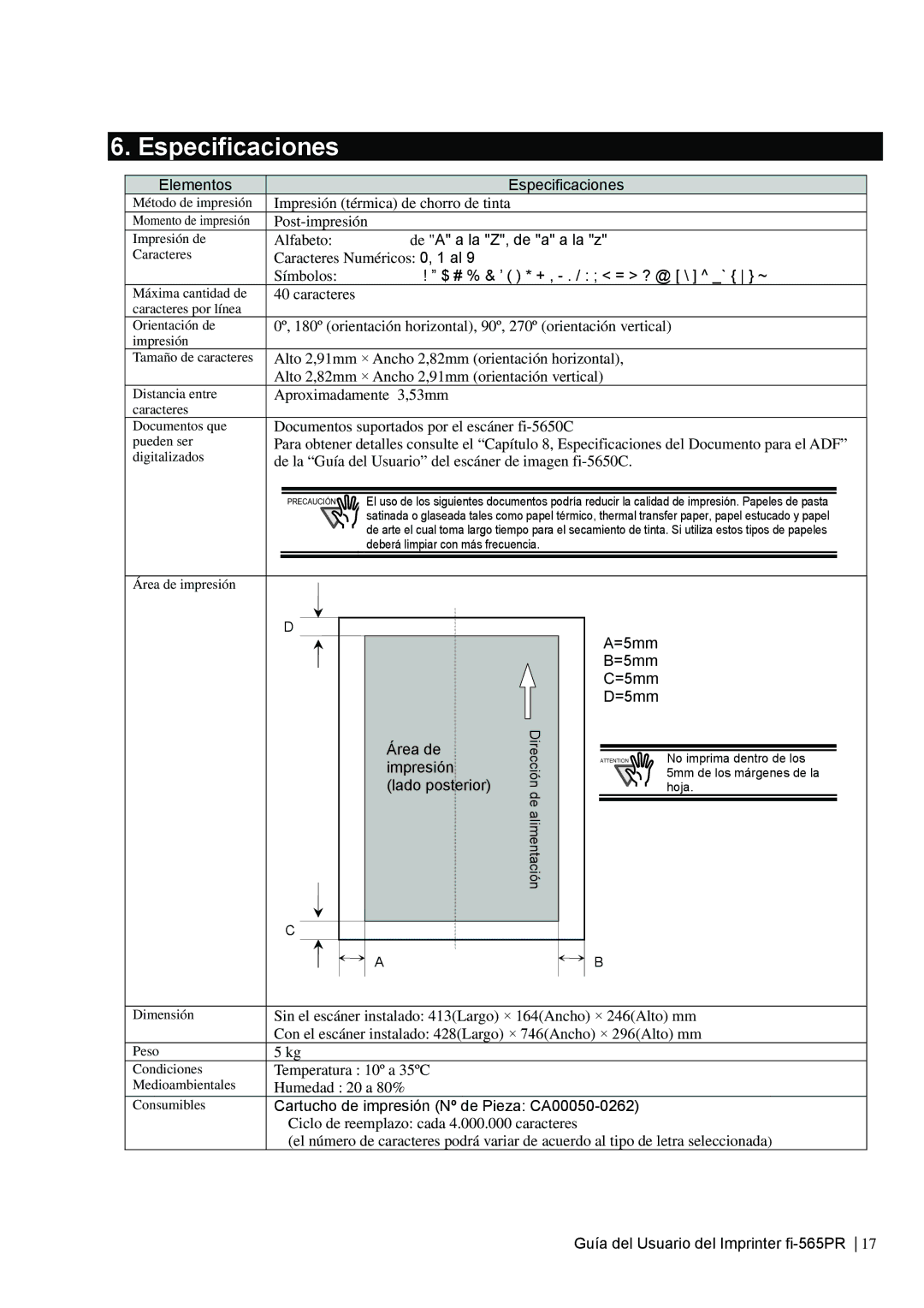 Dell fi-565PR manual Especificaciones 