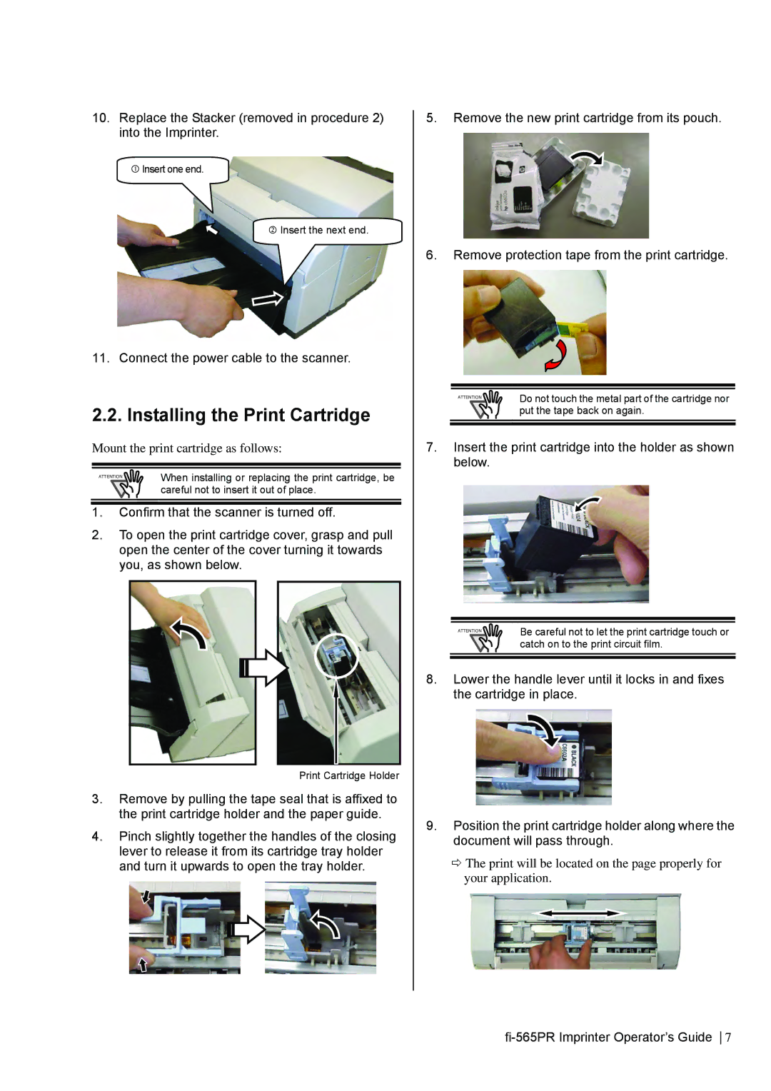 Dell fi-565PR Installing the Print Cartridge, Connect the power cable to the scanner, Mount the print cartridge as follows 