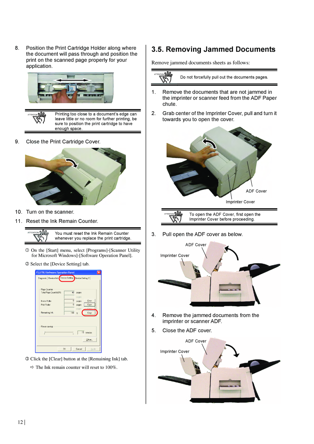 Dell fi-565PR manual Removing Jammed Documents, Remove jammed documents sheets as follows, Pull open the ADF cover as below 