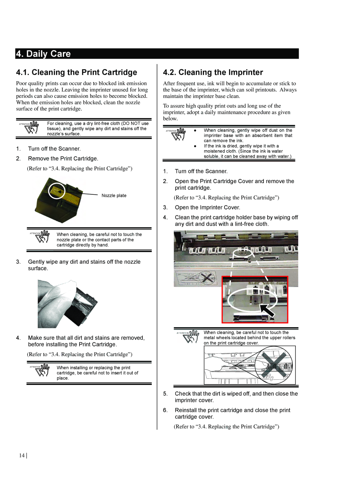 Dell fi-565PR manual Daily Care, Cleaning the Print Cartridge, Cleaning the Imprinter 