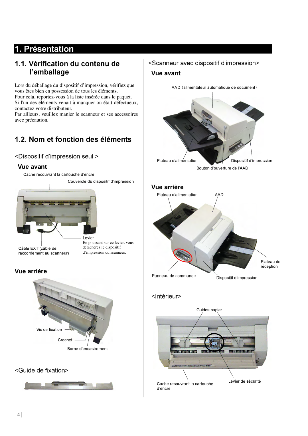 Dell fi-565PR Présentation, Vérification du contenu de l’emballage, Nom et fonction des éléments, Vue avant, Vue arrière 