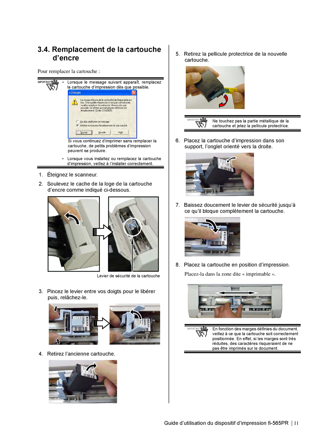 Dell fi-565PR manual Remplacement de la cartouche d’encre, Pour remplacer la cartouche 