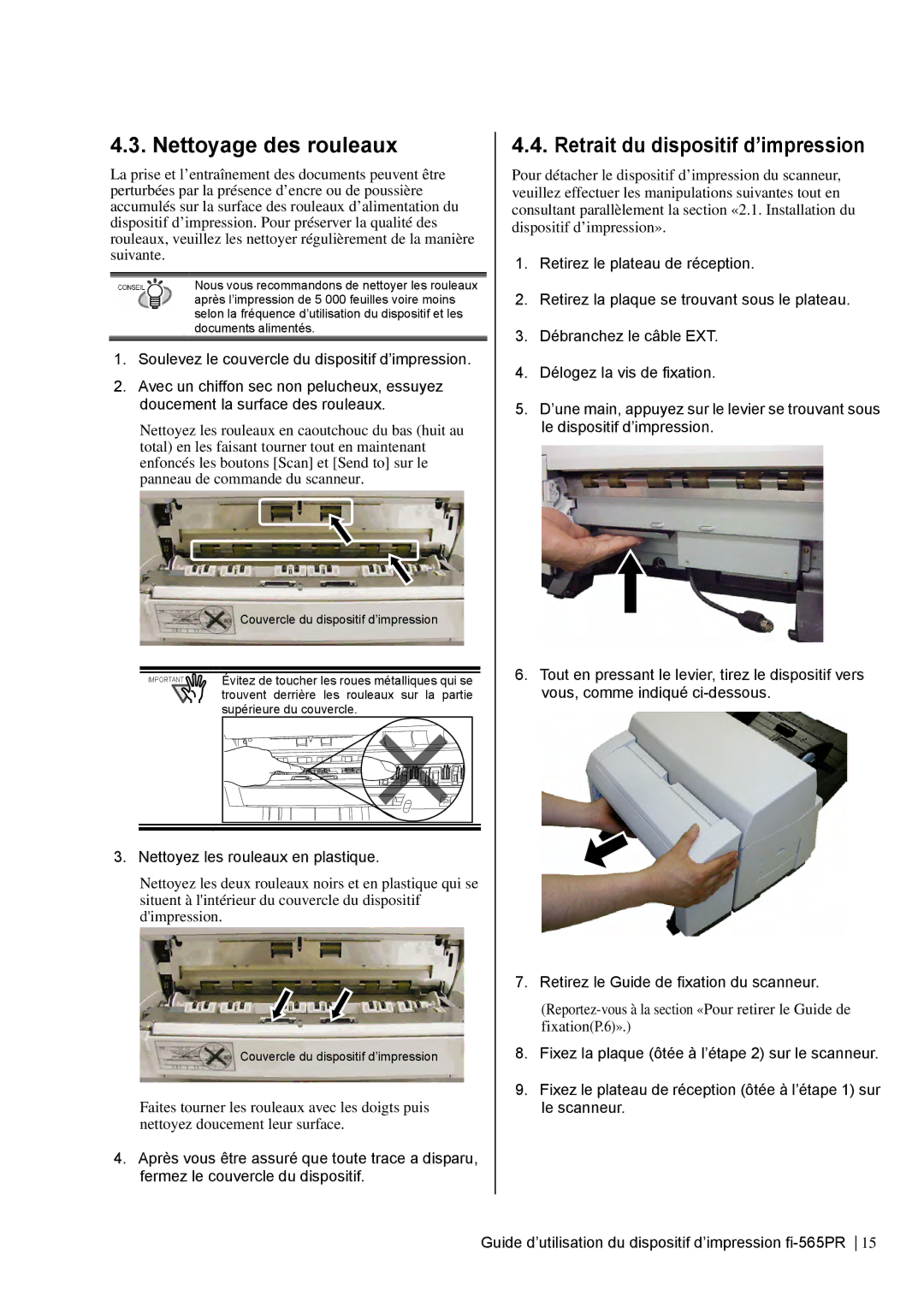 Dell fi-565PR manual Nettoyage des rouleaux, Retrait du dispositif d’impression, Nettoyez les rouleaux en plastique 