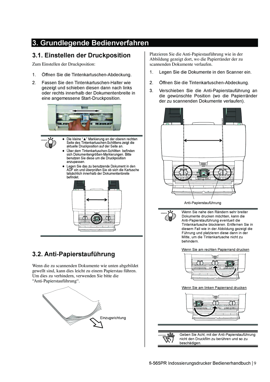 Dell fi-565PR manual Grundlegende Bedienverfahren, Einstellen der Druckposition, Anti-Papierstauführung 