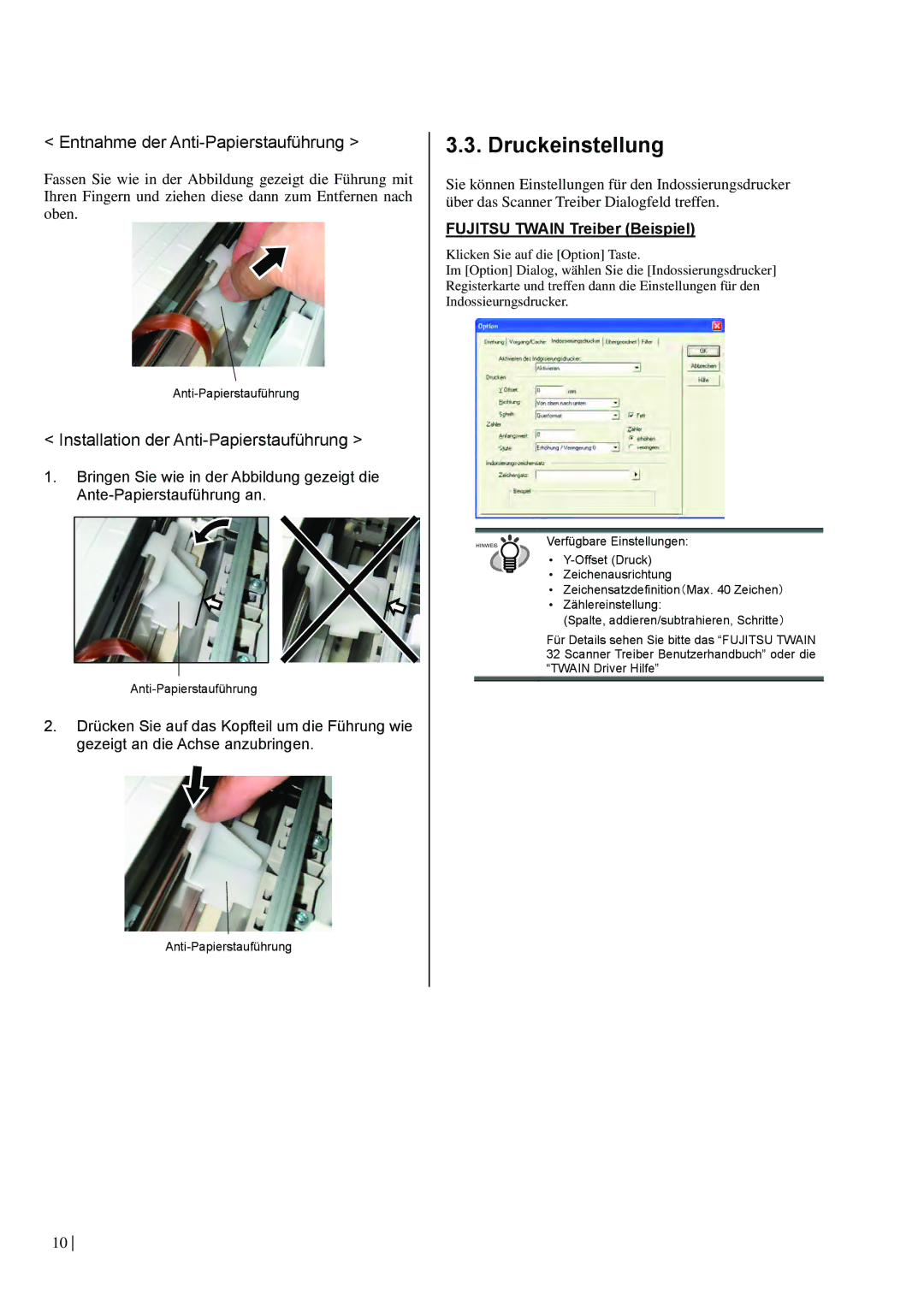 Dell fi-565PR manual Druckeinstellung, Entnahme der Anti-Papierstauführung 