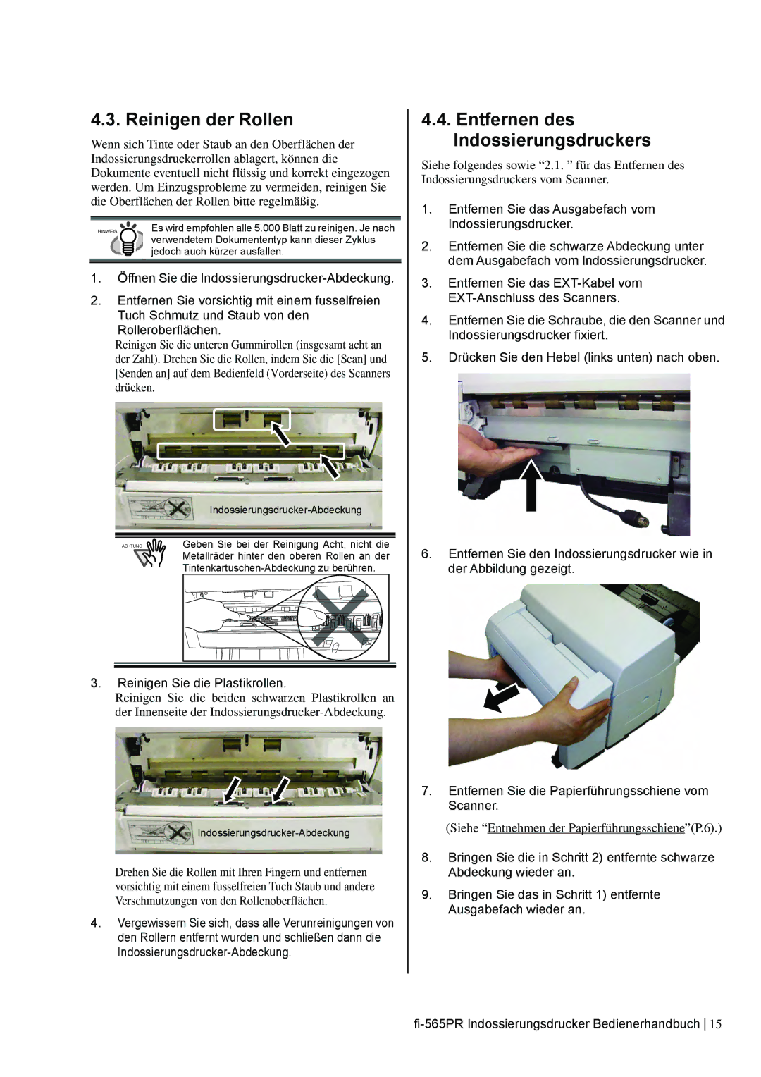 Dell fi-565PR manual Reinigen der Rollen, Reinigen Sie die Plastikrollen, Siehe Entnehmen der PapierführungsschieneP.6 