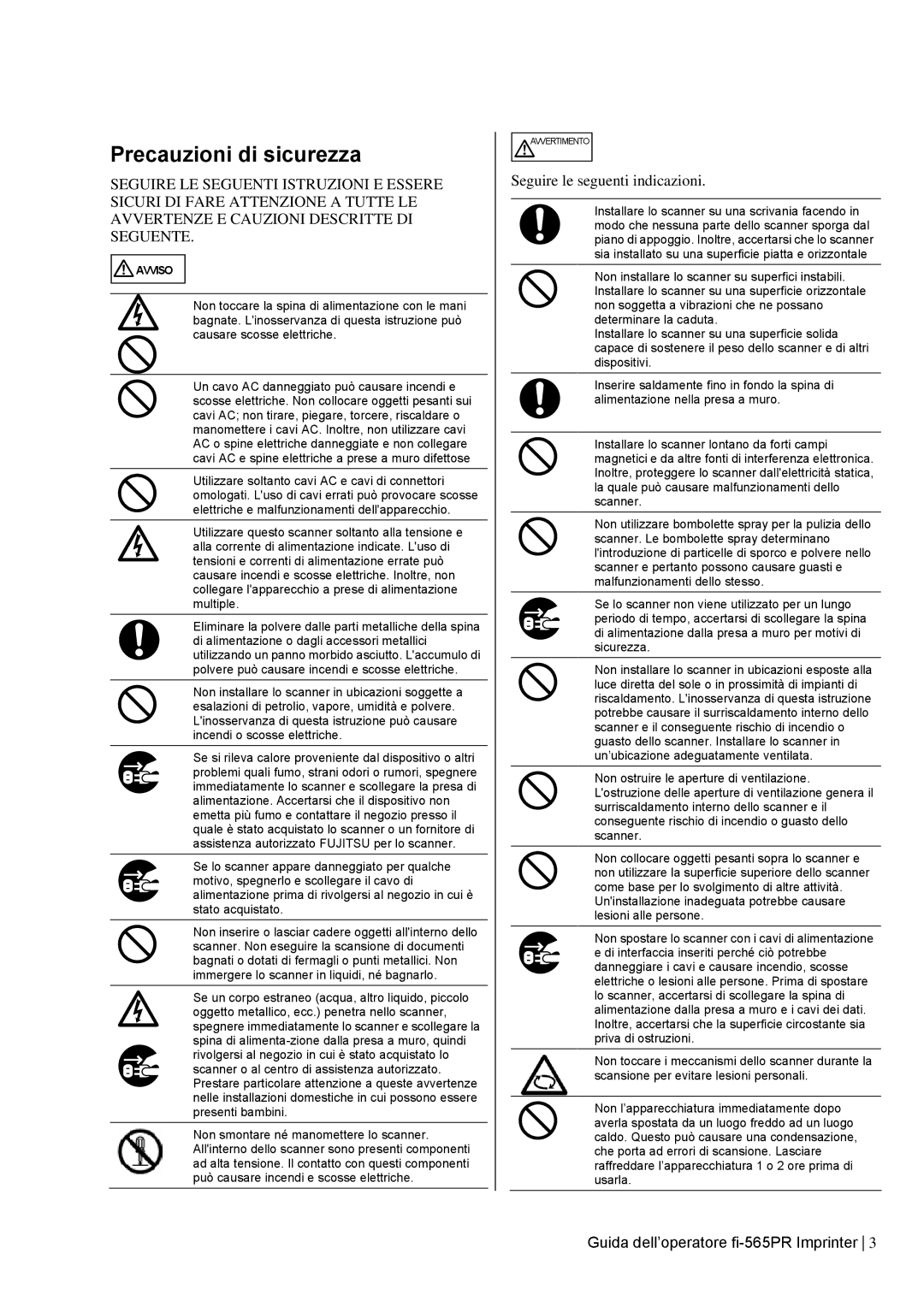 Dell fi-565PR manual Precauzioni di sicurezza, Seguire le seguenti indicazioni 