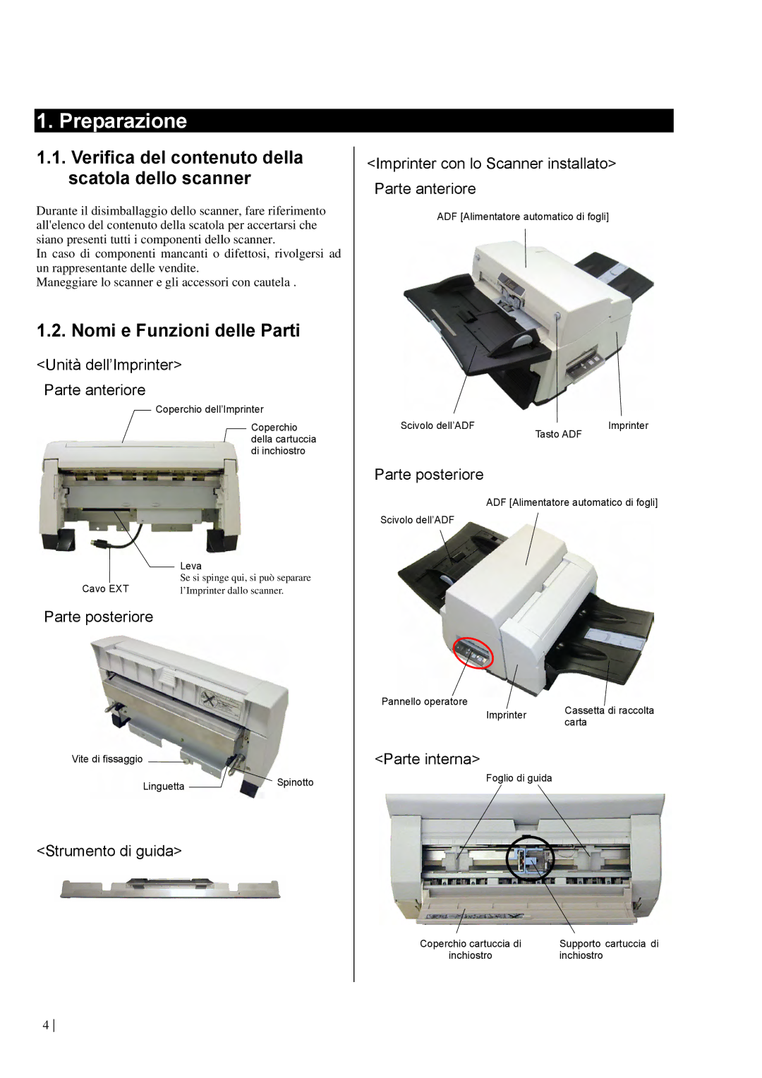 Dell fi-565PR manual Preparazione, Verifica del contenuto della scatola dello scanner, Nomi e Funzioni delle Parti 