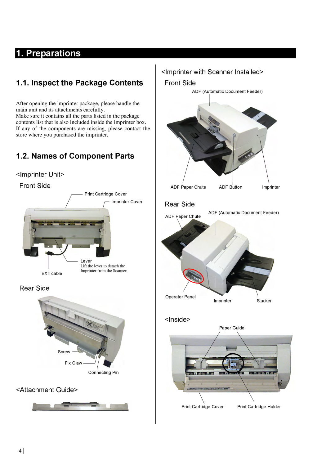 Dell fi-565PR manual Preparations, Inspect the Package Contents, Names of Component Parts 