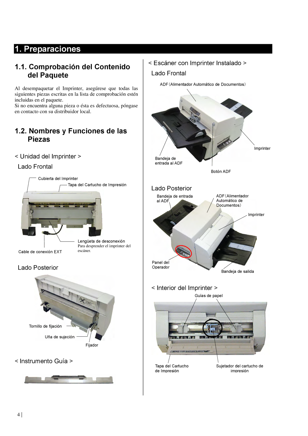 Dell fi-565PR manual Preparaciones, Comprobación del Contenido del Paquete, Nombres y Funciones de las Piezas 