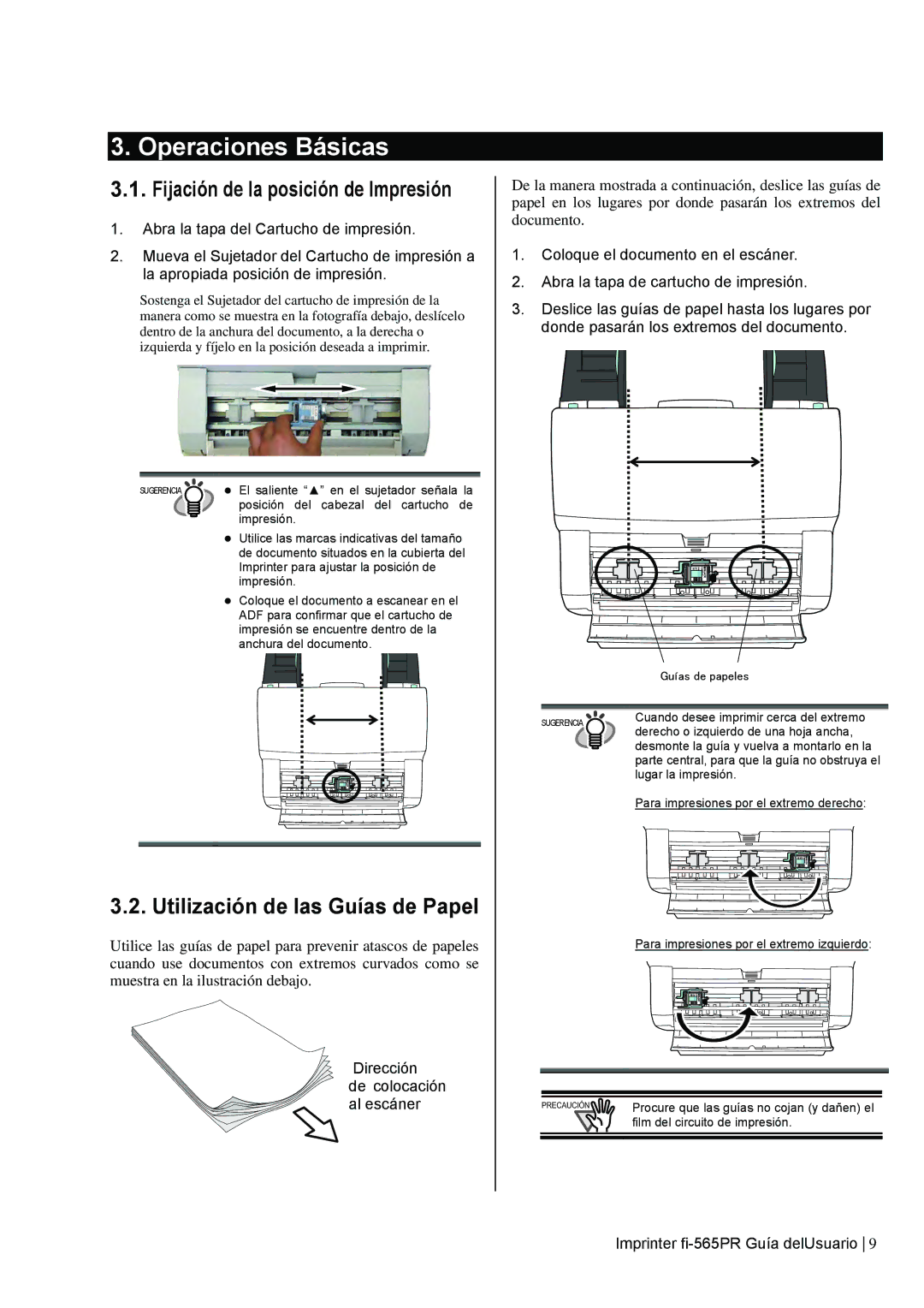 Dell fi-565PR manual Operaciones Básicas, Utilización de las Guías de Papel, Dirección De colocación al escáner 