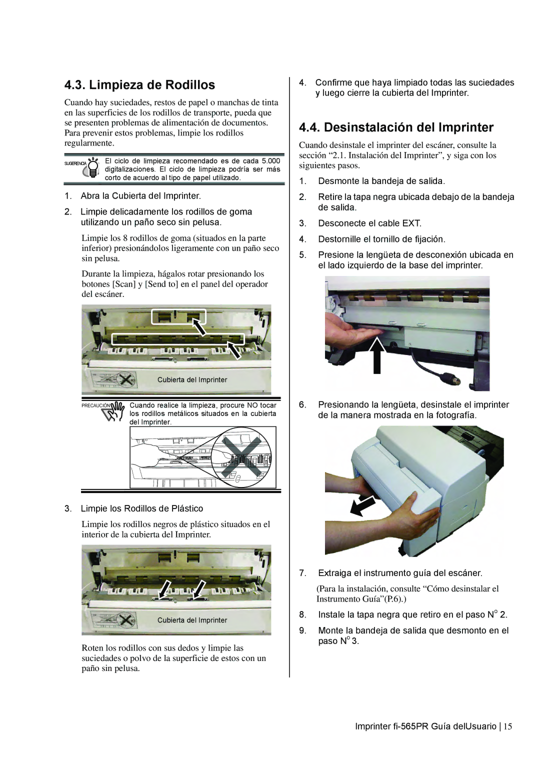 Dell fi-565PR manual Limpieza de Rodillos, Desinstalación del Imprinter, Limpie los Rodillos de Plástico 