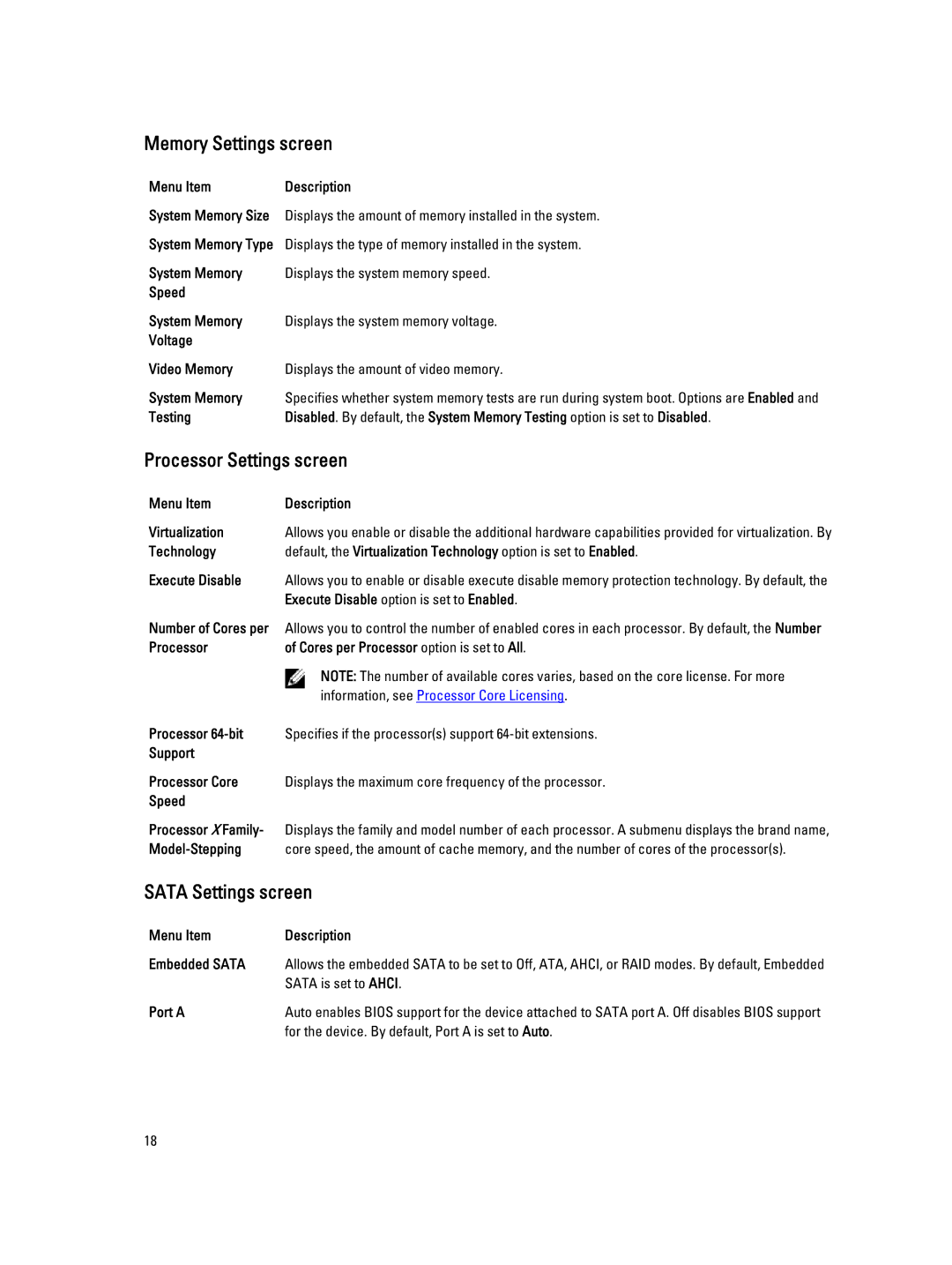 Dell FM120x4 owner manual Memory Settings screen, Processor Settings screen, Sata Settings screen 