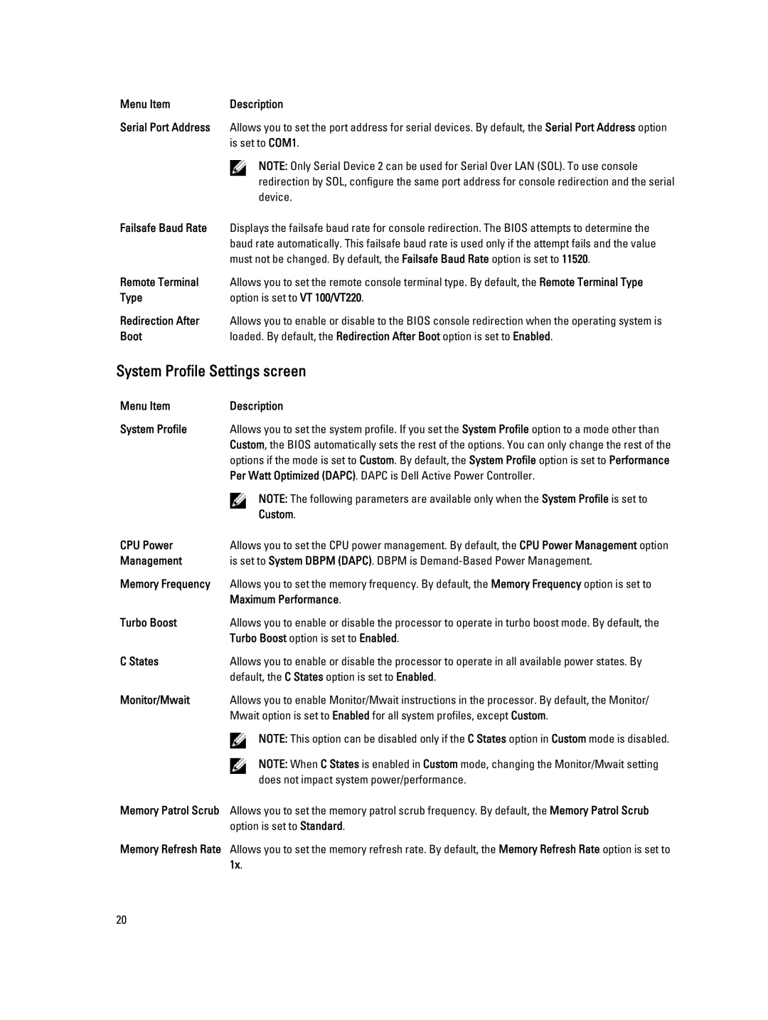 Dell FM120x4 owner manual System Profile Settings screen 