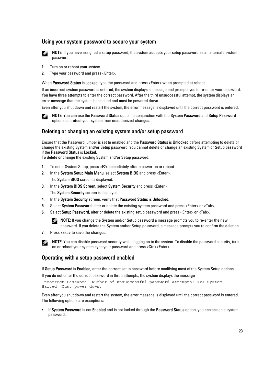 Dell FM120x4 owner manual Using your system password to secure your system, Operating with a setup password enabled 