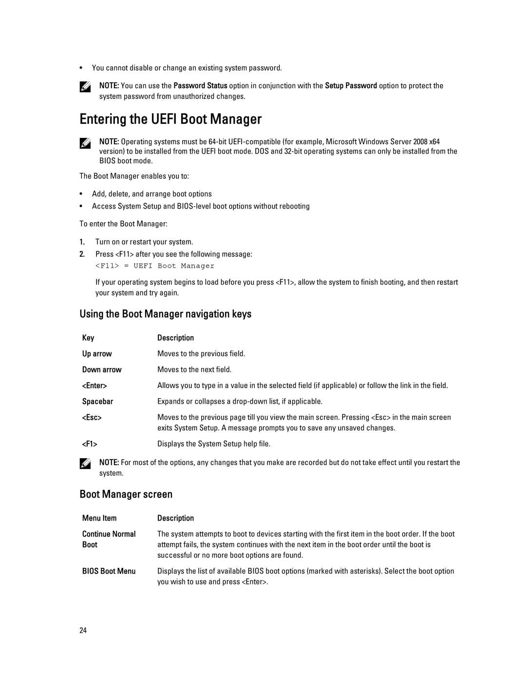 Dell FM120x4 owner manual Entering the Uefi Boot Manager, Using the Boot Manager navigation keys, Boot Manager screen 