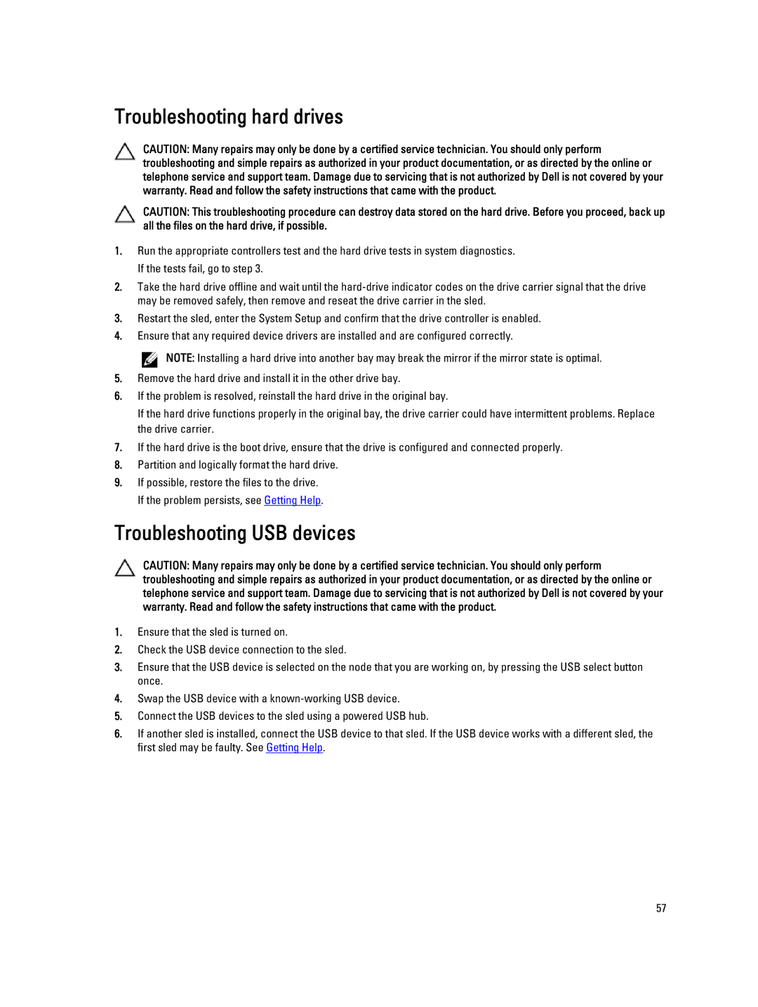 Dell FM120x4 owner manual Troubleshooting hard drives, Troubleshooting USB devices 