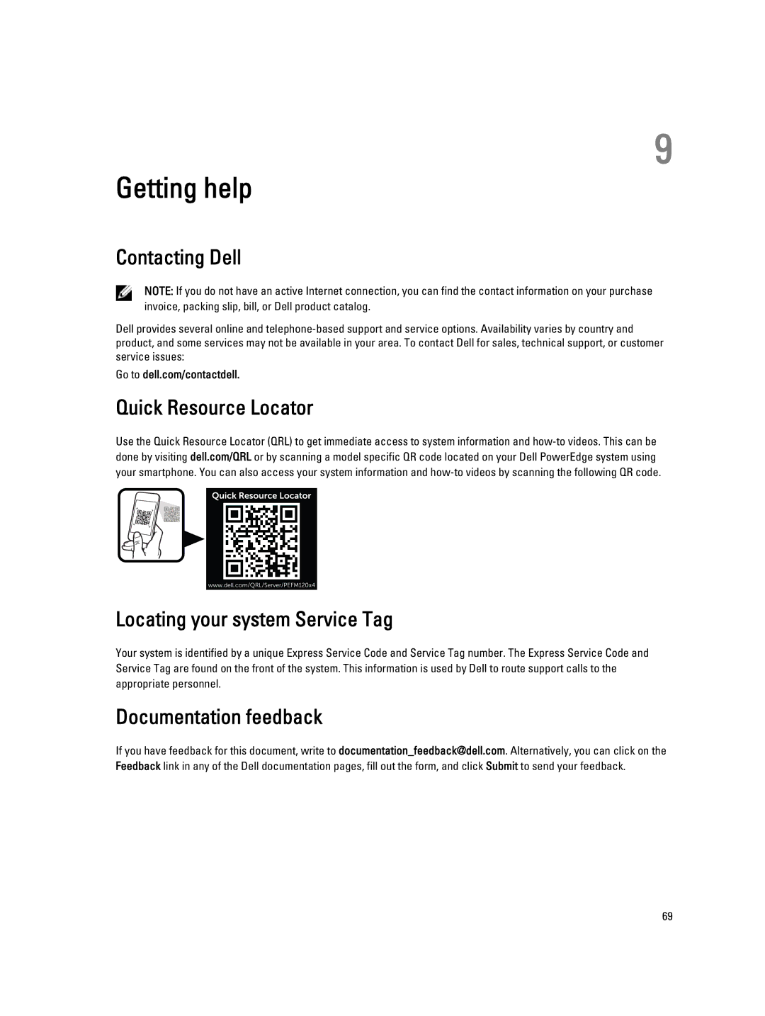 Dell FM120x4 owner manual Getting help, Contacting Dell, Quick Resource Locator Locating your system Service Tag 