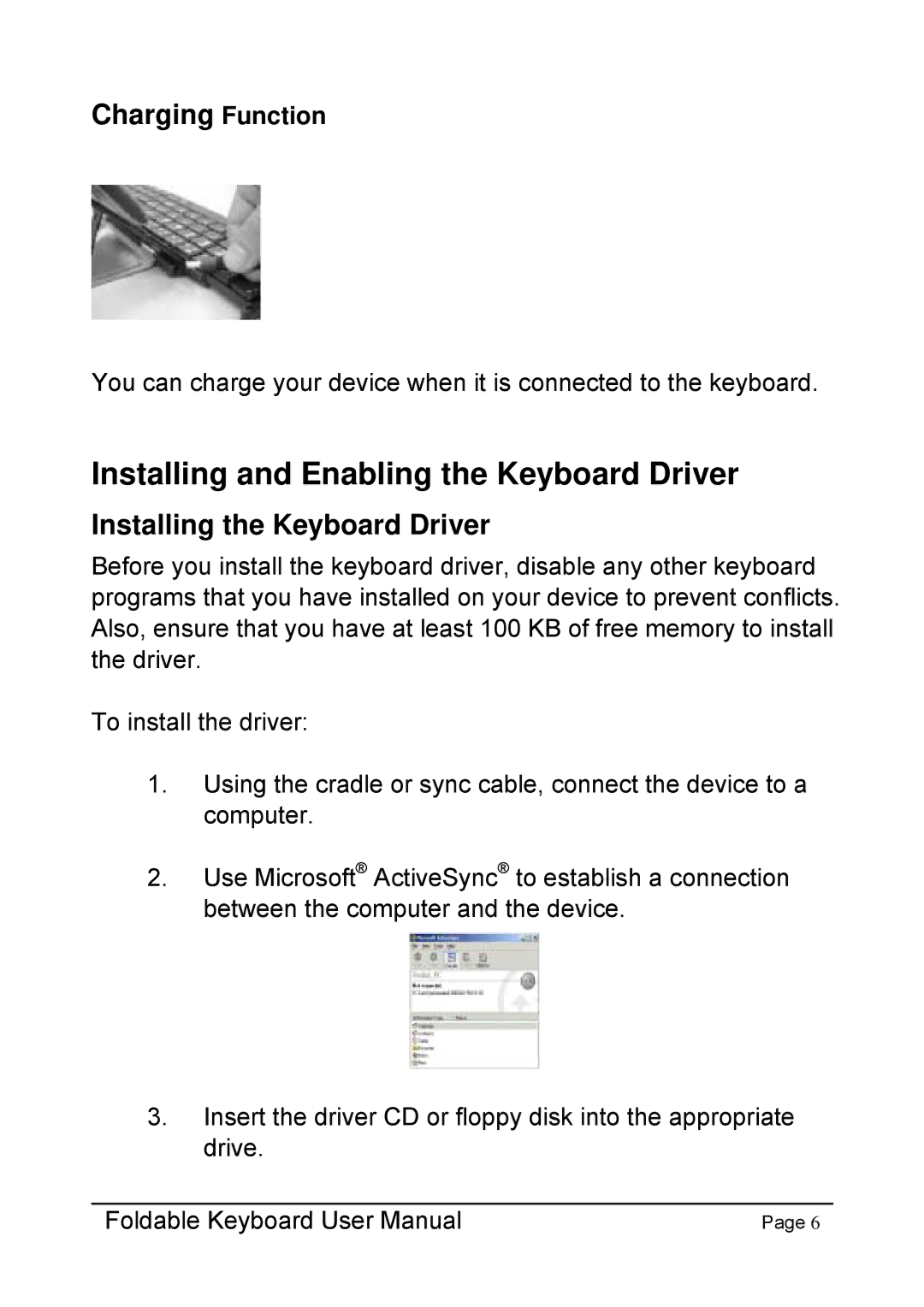 Dell Foldable Keyboard for Pocket PC user manual Installing and Enabling the Keyboard Driver, Charging Function 