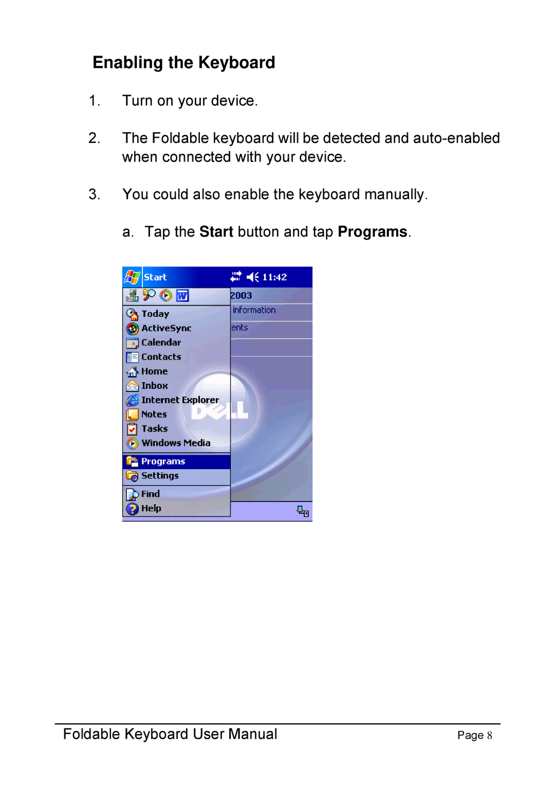 Dell Foldable Keyboard for Pocket PC user manual Enabling the Keyboard 