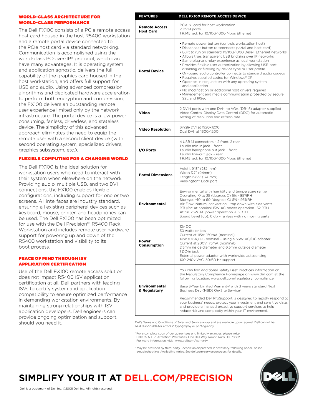 Dell FX100 Remote Access, Host Card, Portal Device, Video Resolution, Ports, Portal Dimensions, Environmental, Power 