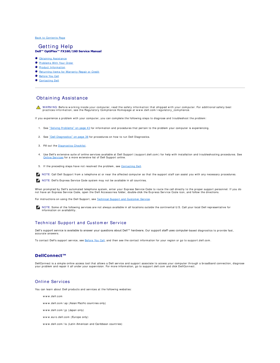 Dell FX160 Getting Help, Obtaining Assistance, Technical Support and Customer Service, DellConnect Online Services 