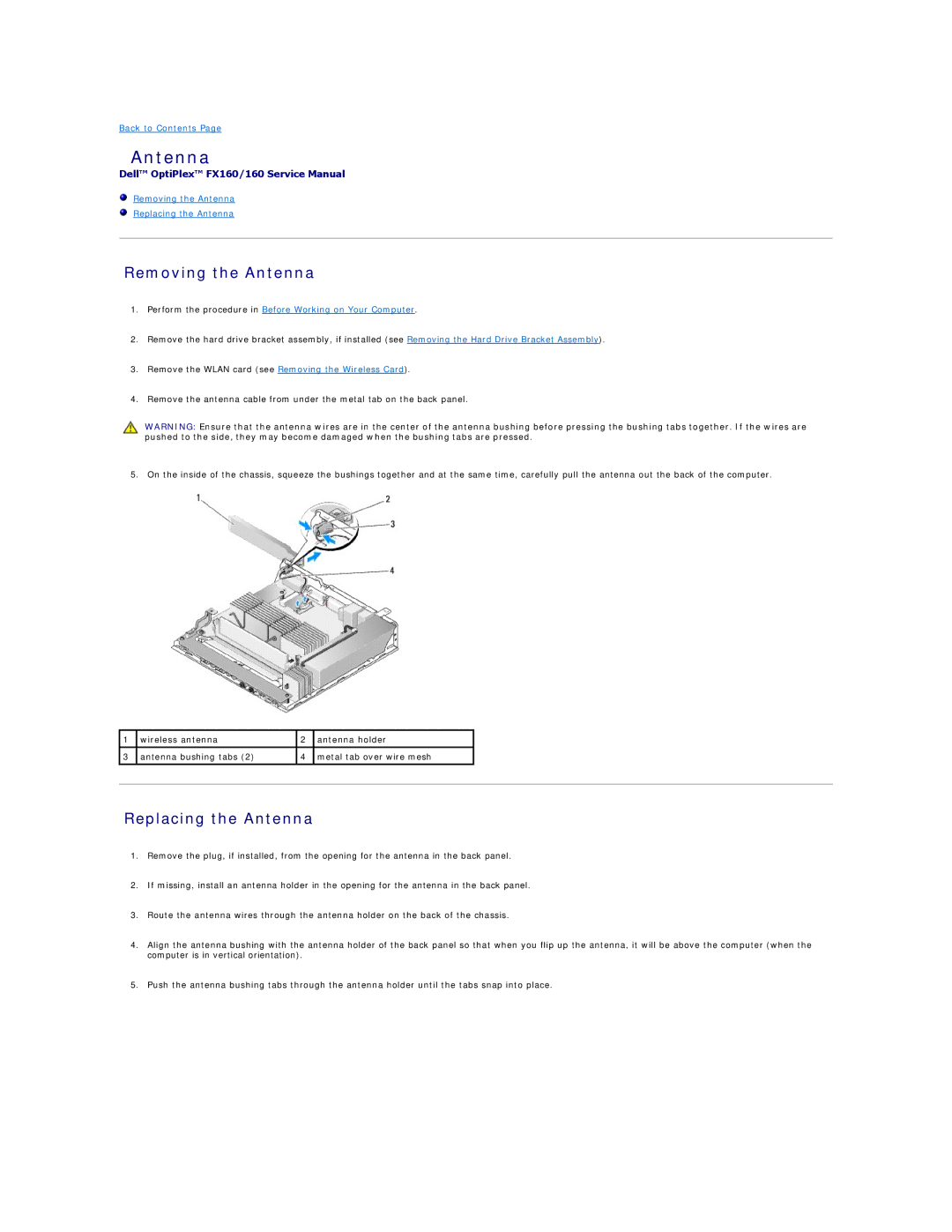 Dell FX160 manual Removing the Antenna, Replacing the Antenna 