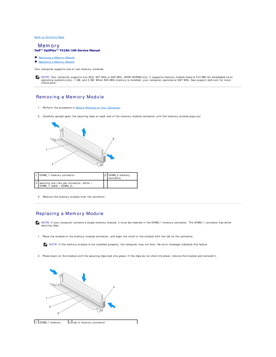 Dell FX160 manual Removing a Memory Module, Replacing a Memory Module 