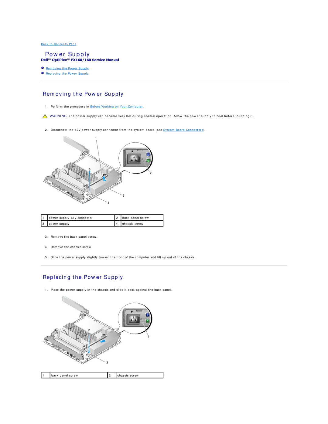 Dell FX160 manual Removing the Power Supply, Replacing the Power Supply 