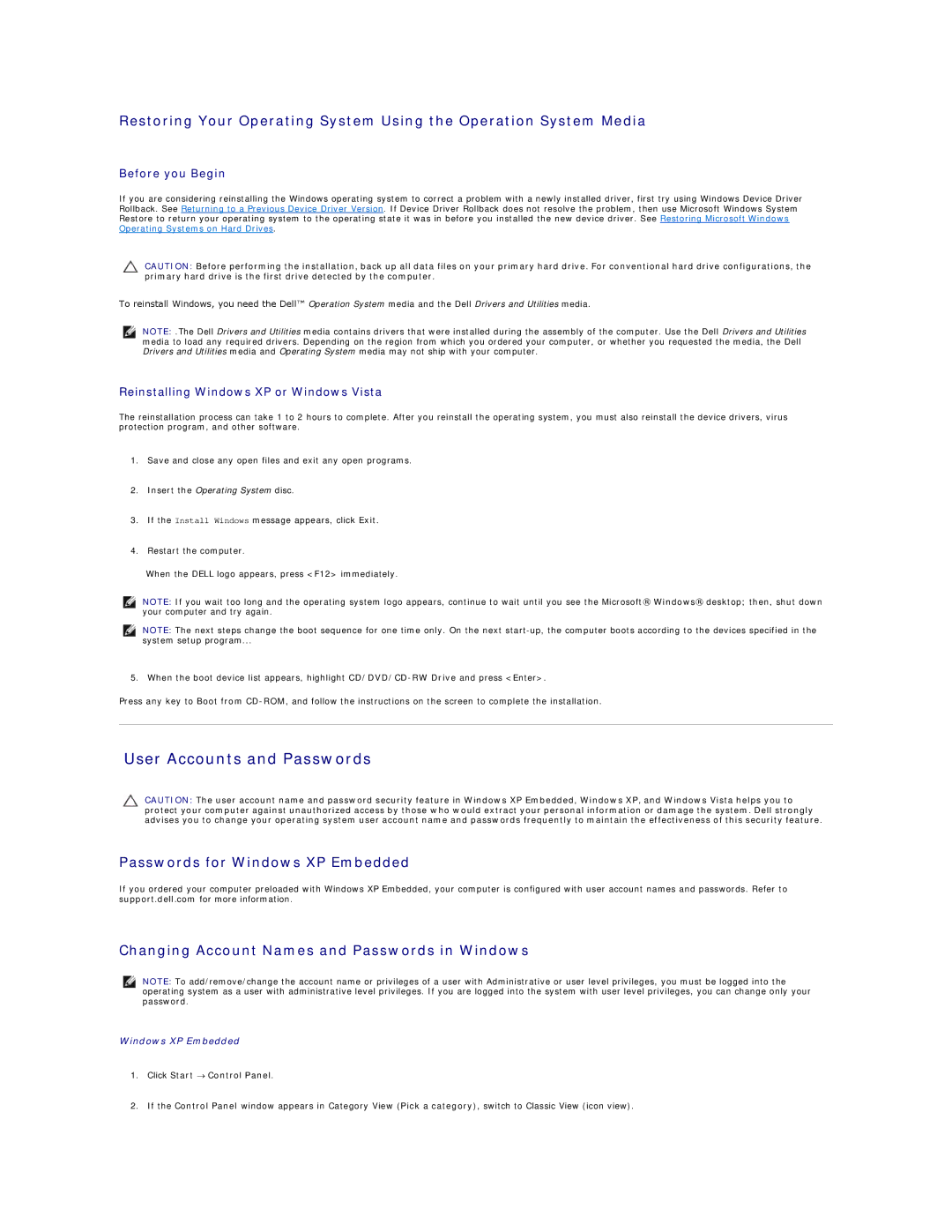 Dell FX160 manual User Accounts and Passwords, Before you Begin, Reinstalling Windows XP or Windows Vista 