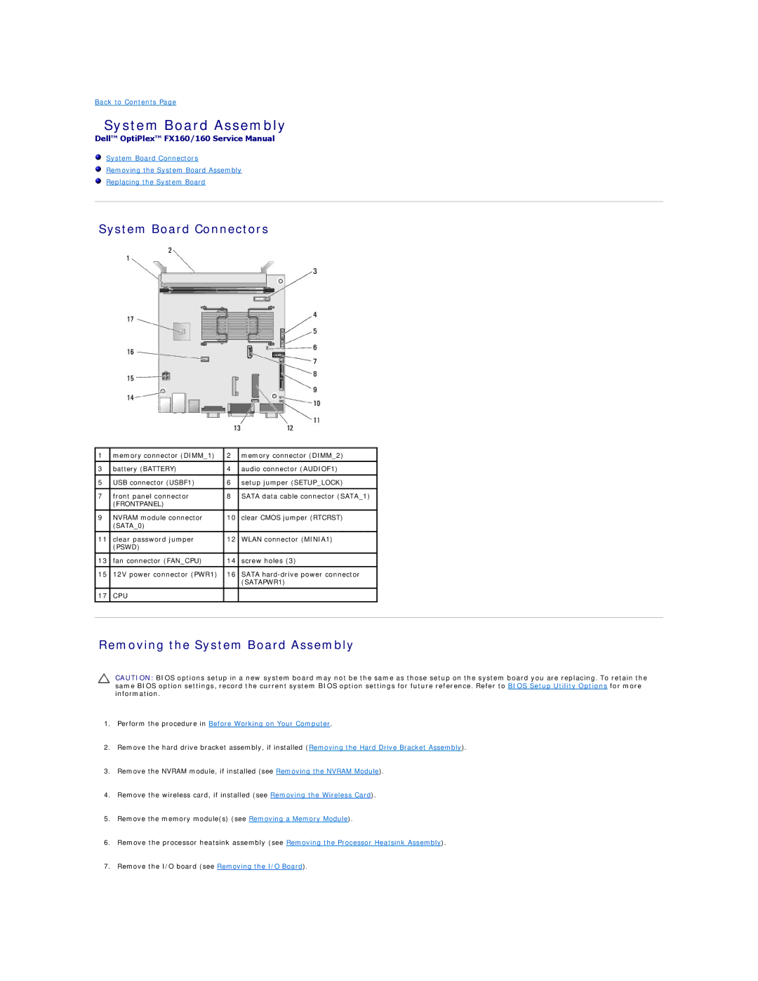 Dell FX160 manual System Board Connectors, Removing the System Board Assembly 