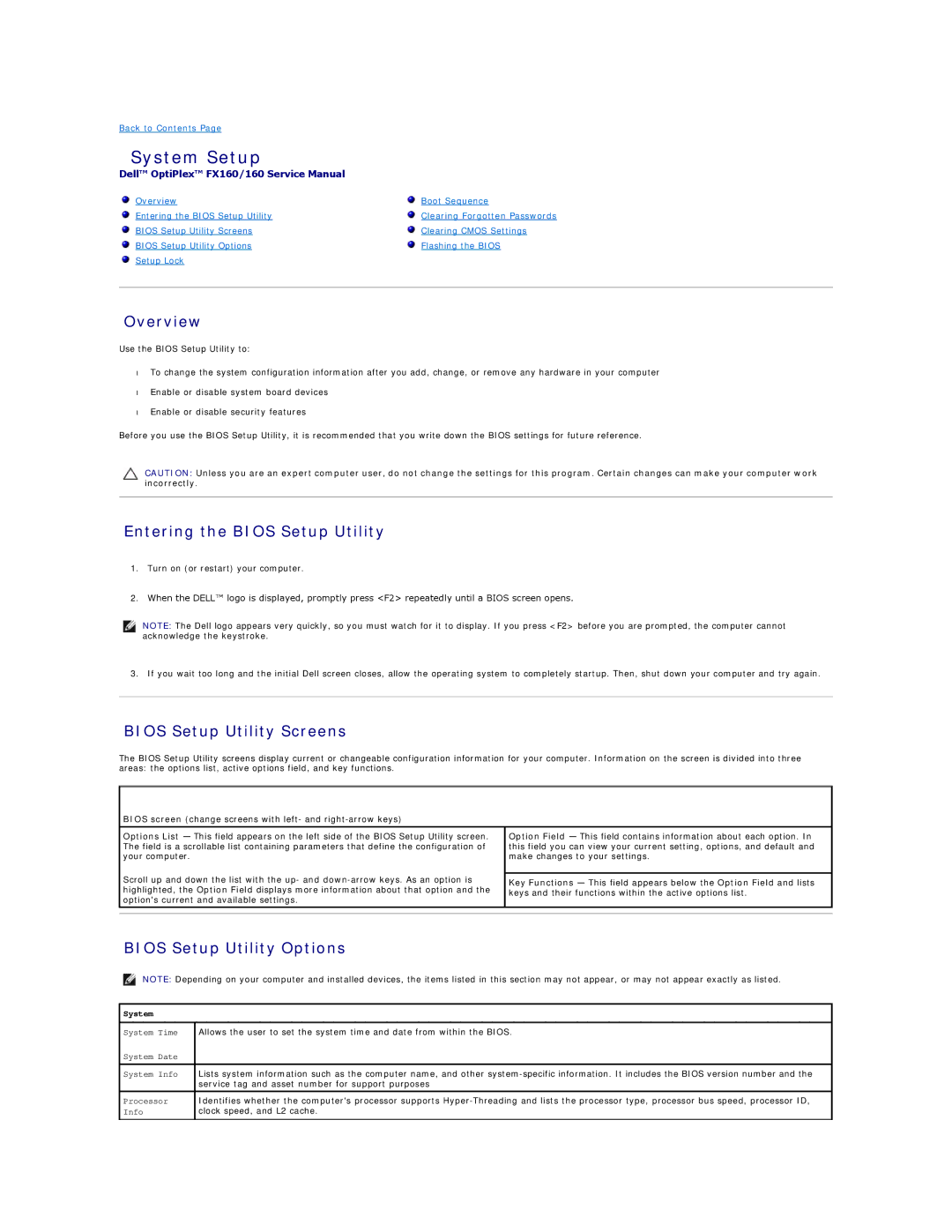 Dell 160 System Setup, Overview, Entering the Bios Setup Utility, Bios Setup Utility Screens, Bios Setup Utility Options 