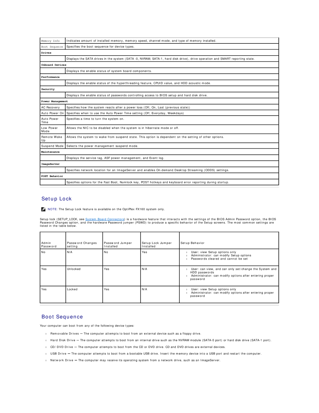 Dell FX160 manual Setup Lock, Boot Sequence 