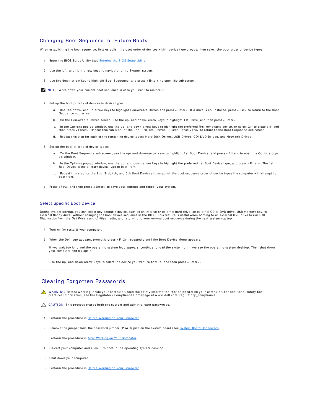 Dell FX160 manual Clearing Forgotten Passwords, Changing Boot Sequence for Future Boots, Select Specific Boot Device 