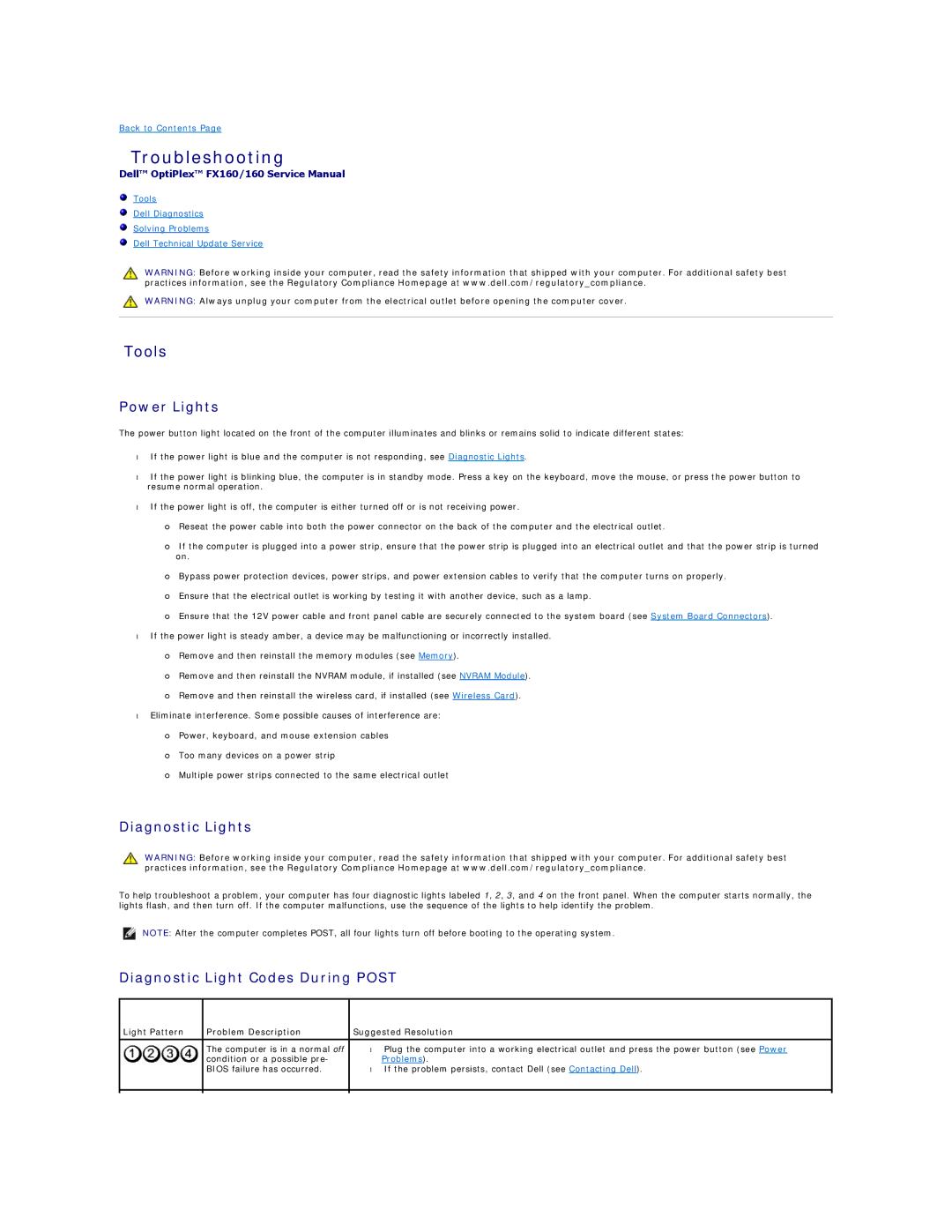 Dell FX160 manual Troubleshooting, Tools, Power Lights, Diagnostic Lights, Diagnostic Light Codes During Post 