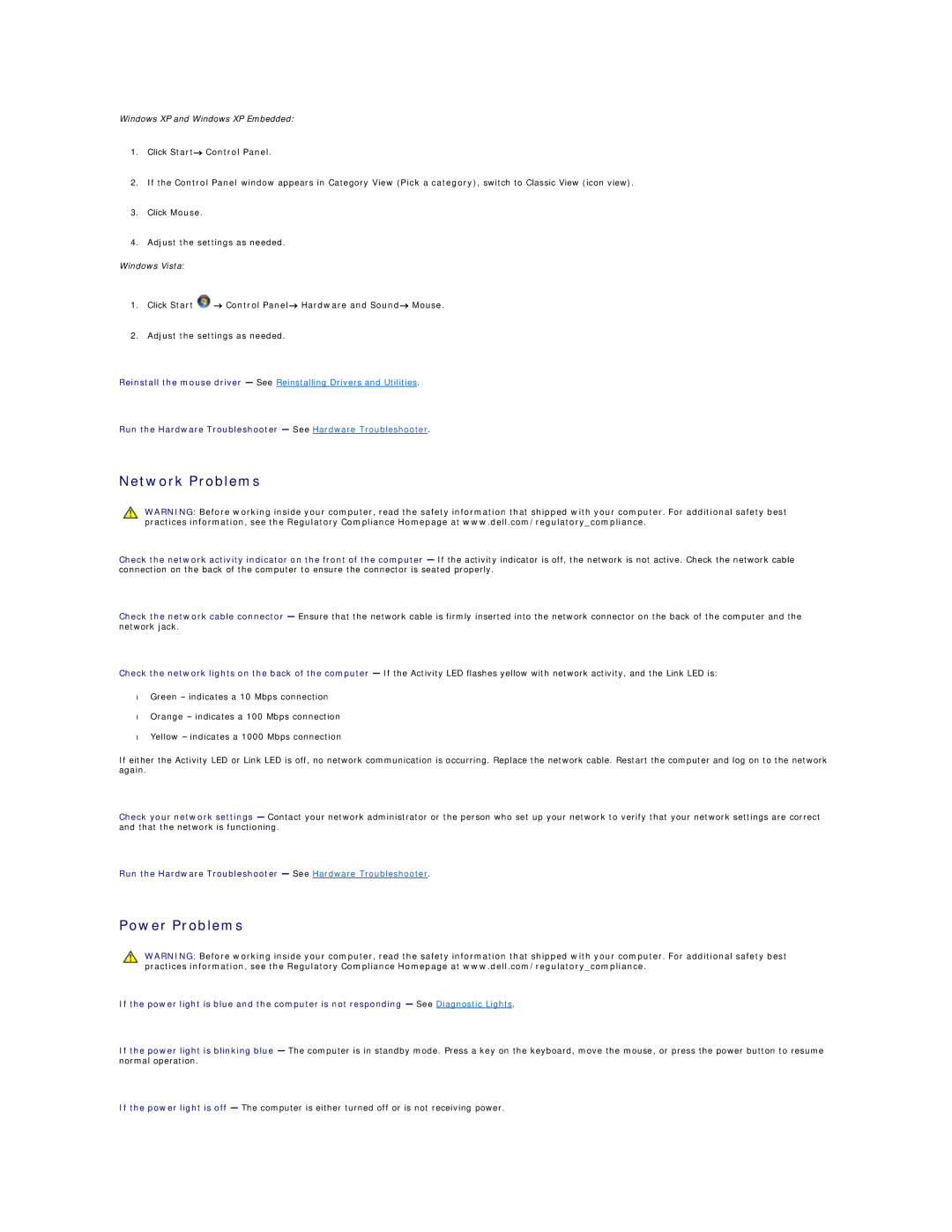 Dell FX160 manual Network Problems, Power Problems, Click Start → Control Panel→ Hardware and Sound→ Mouse 