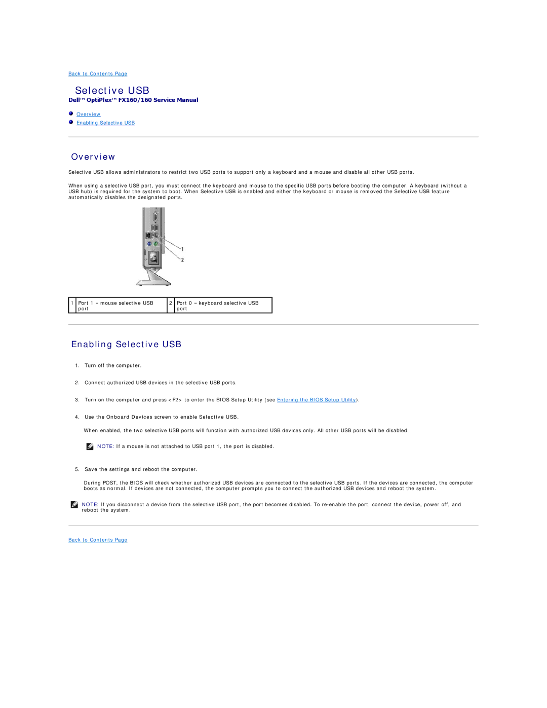 Dell FX160 manual Enabling Selective USB, Use the Onboard Devices screen to enable Selective USB 