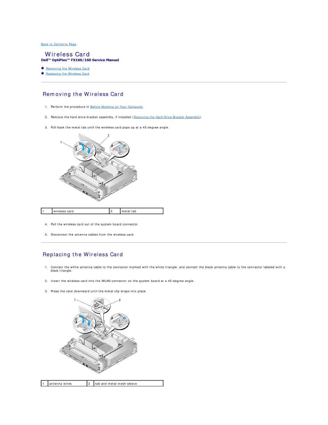 Dell FX160 manual Removing the Wireless Card, Replacing the Wireless Card 