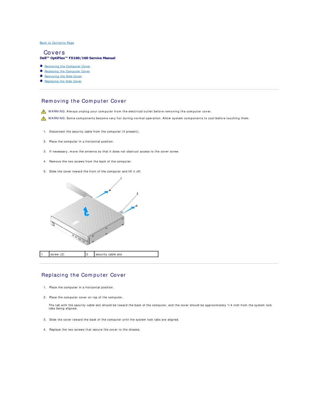 Dell FX160 manual Covers, Removing the Computer Cover, Replacing the Computer Cover 