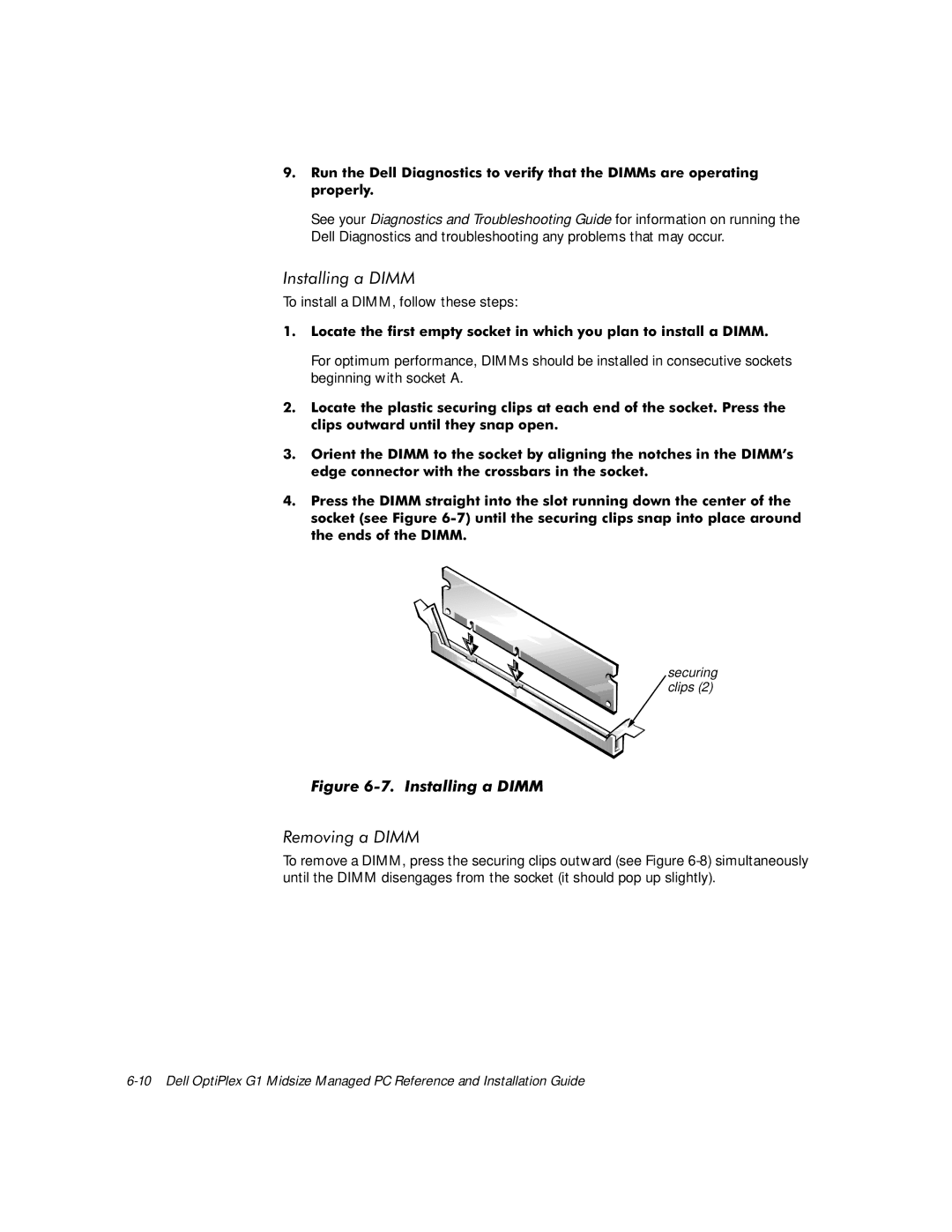 Dell G1 manual QVWDOOLQJD,00, 5HPRYLQJD,00, To install a DIMM, follow these steps, Hgjhfrqqhfwruzlwkwkhfurvveduvlqwkhvrfnhw 