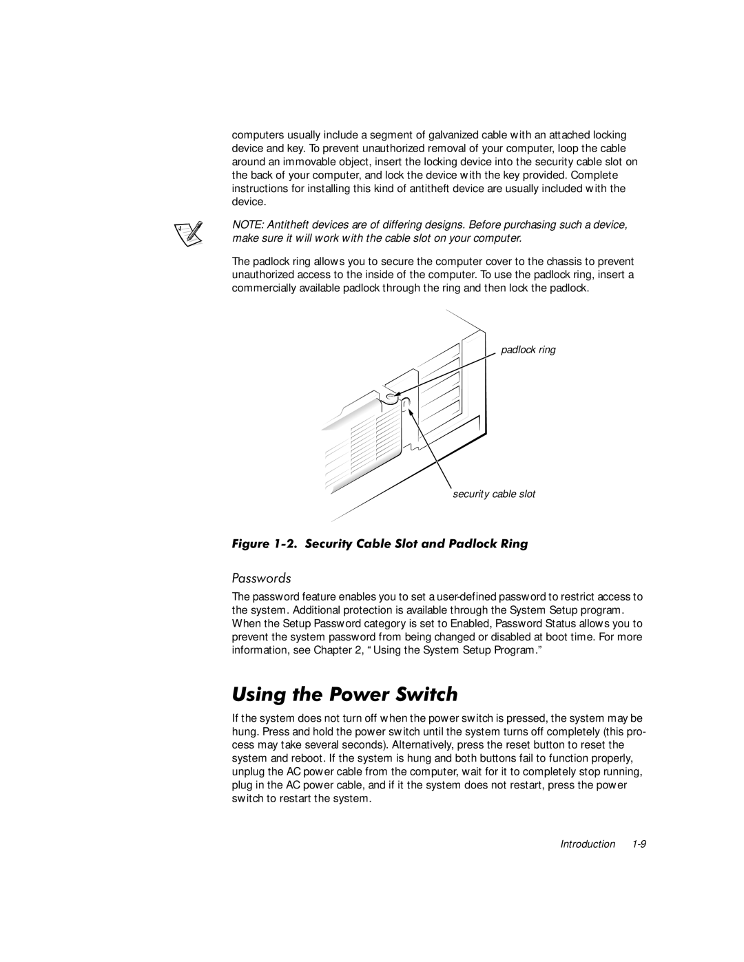 Dell G1 manual 8VLQJWKH3RZHU6ZLWFK, 3DVVZRUGV, LJXUH6HFXULW\&DEOH6ORWDQG3DGORFN5LQJ 