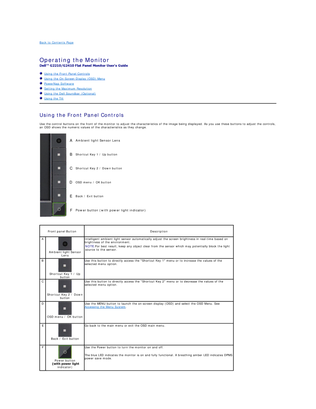 Dell G2410, G2210 appendix Operating the Monitor, Using the Front Panel Controls 