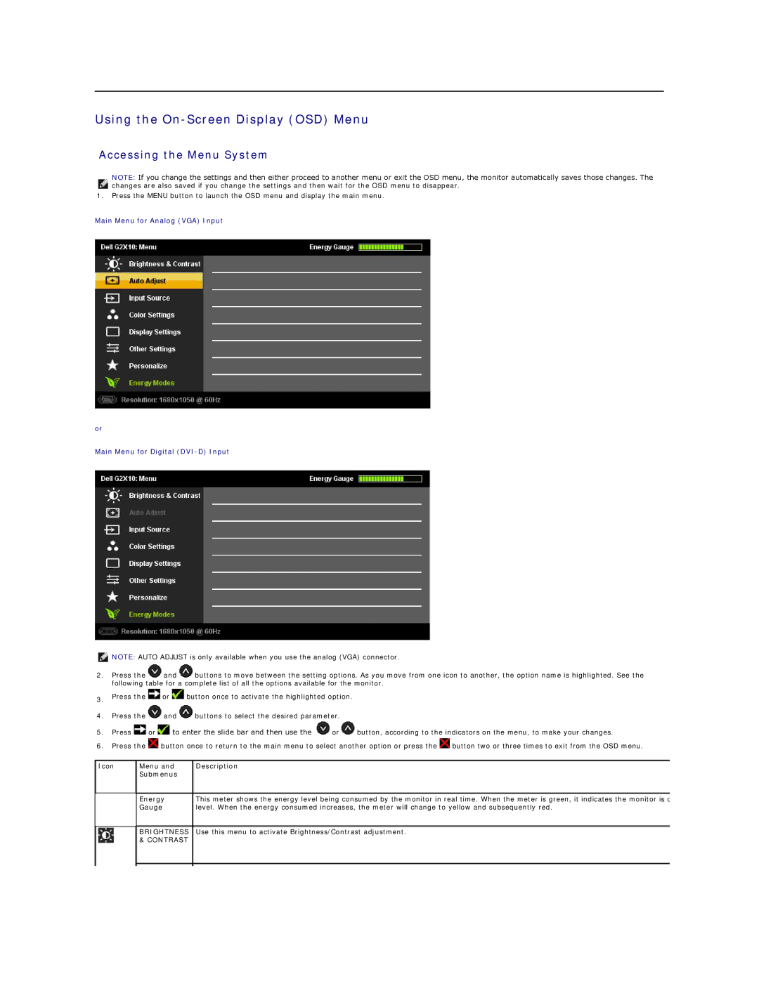 Dell G2210, G2410 appendix Using the On-Screen Display OSD Menu, Accessing the Menu System, Brightness, Contrast 