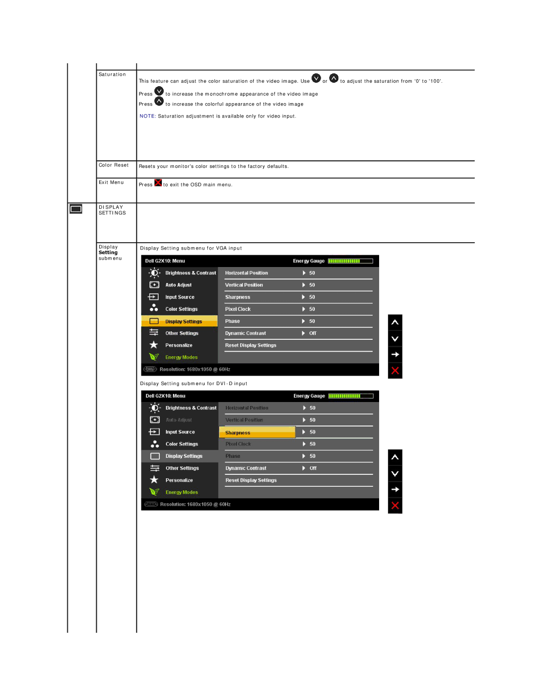 Dell G2410, G2210 appendix Saturation, Color Reset, Display Settings 