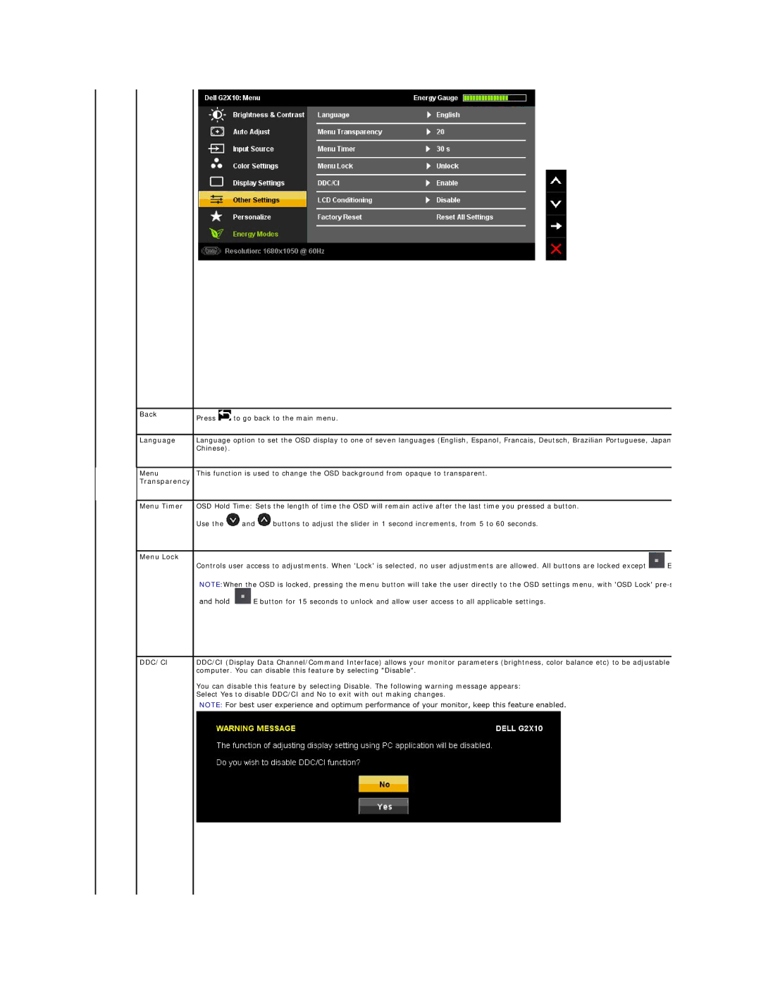 Dell G2410, G2210 appendix Language, Transparency Menu Timer, Menu Lock, Ddc/Ci 