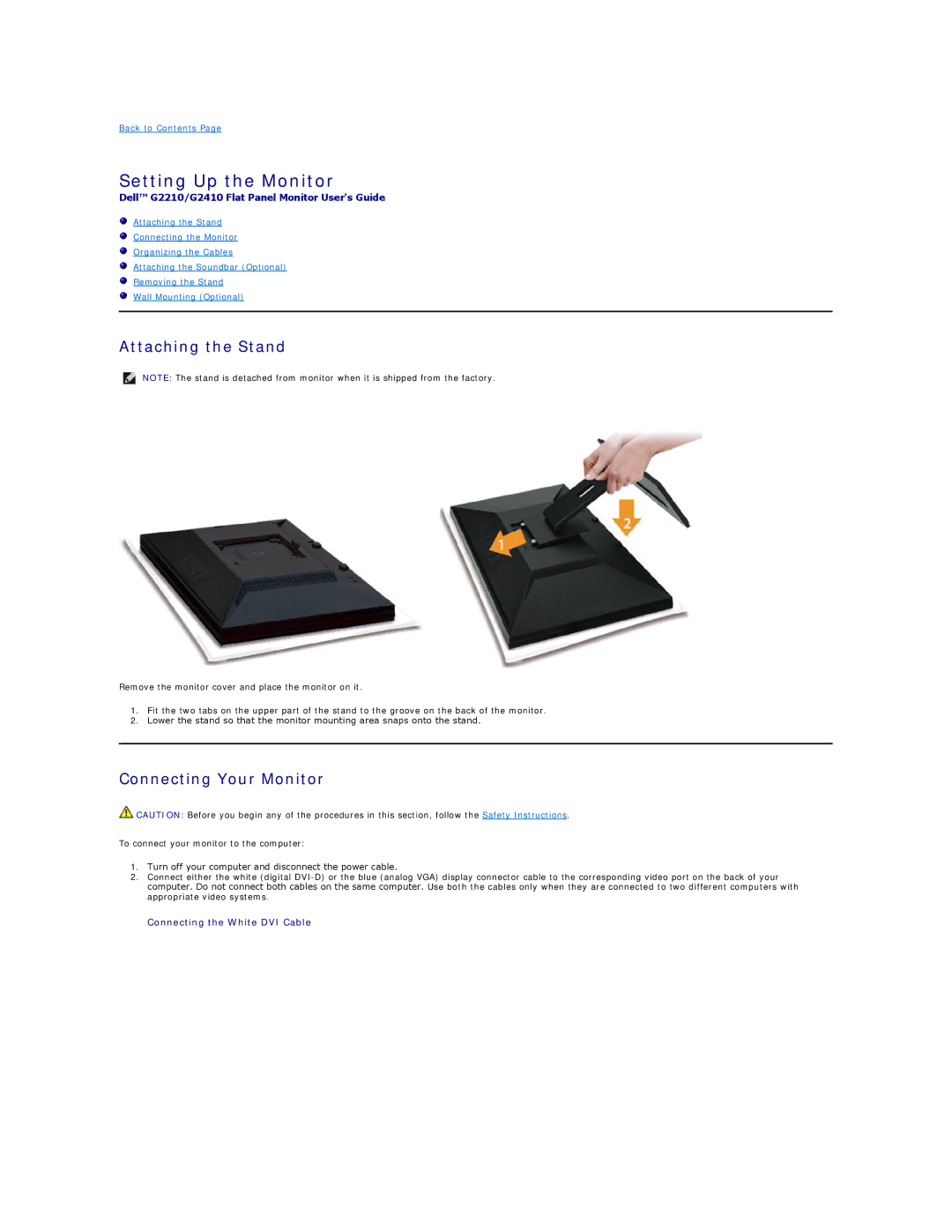 Dell G2210, G2410 appendix Setting Up the Monitor, Attaching the Stand, Connecting Your Monitor 