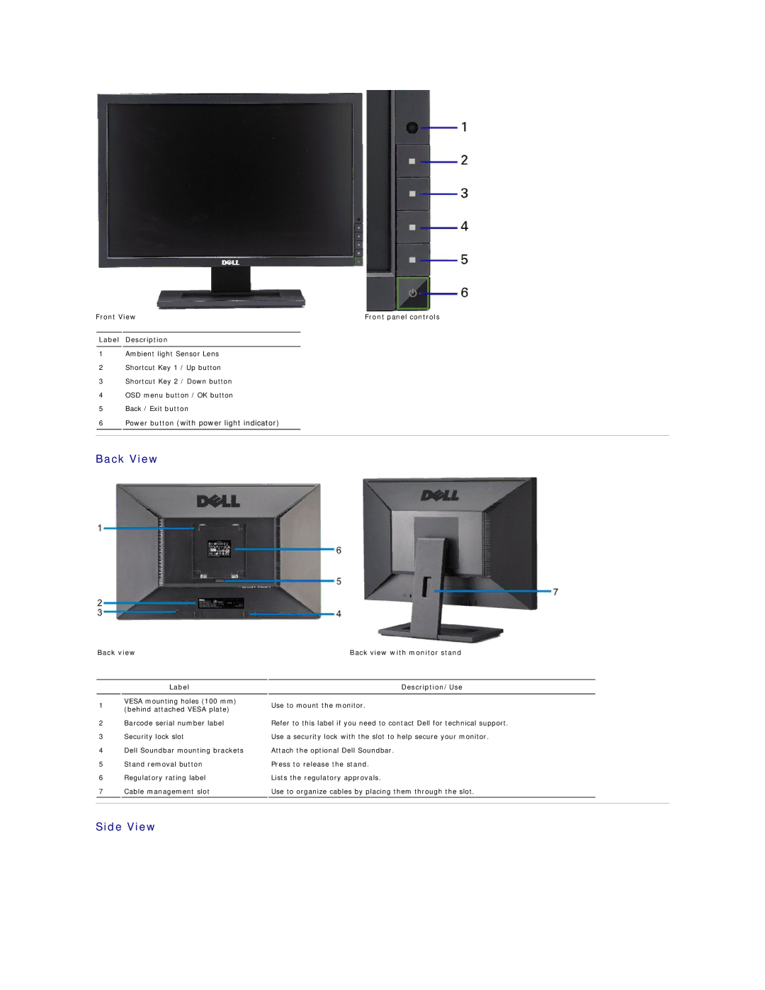 Dell G2210, G2410 appendix Back View, Side View, Front View Front panel controls Label Description 