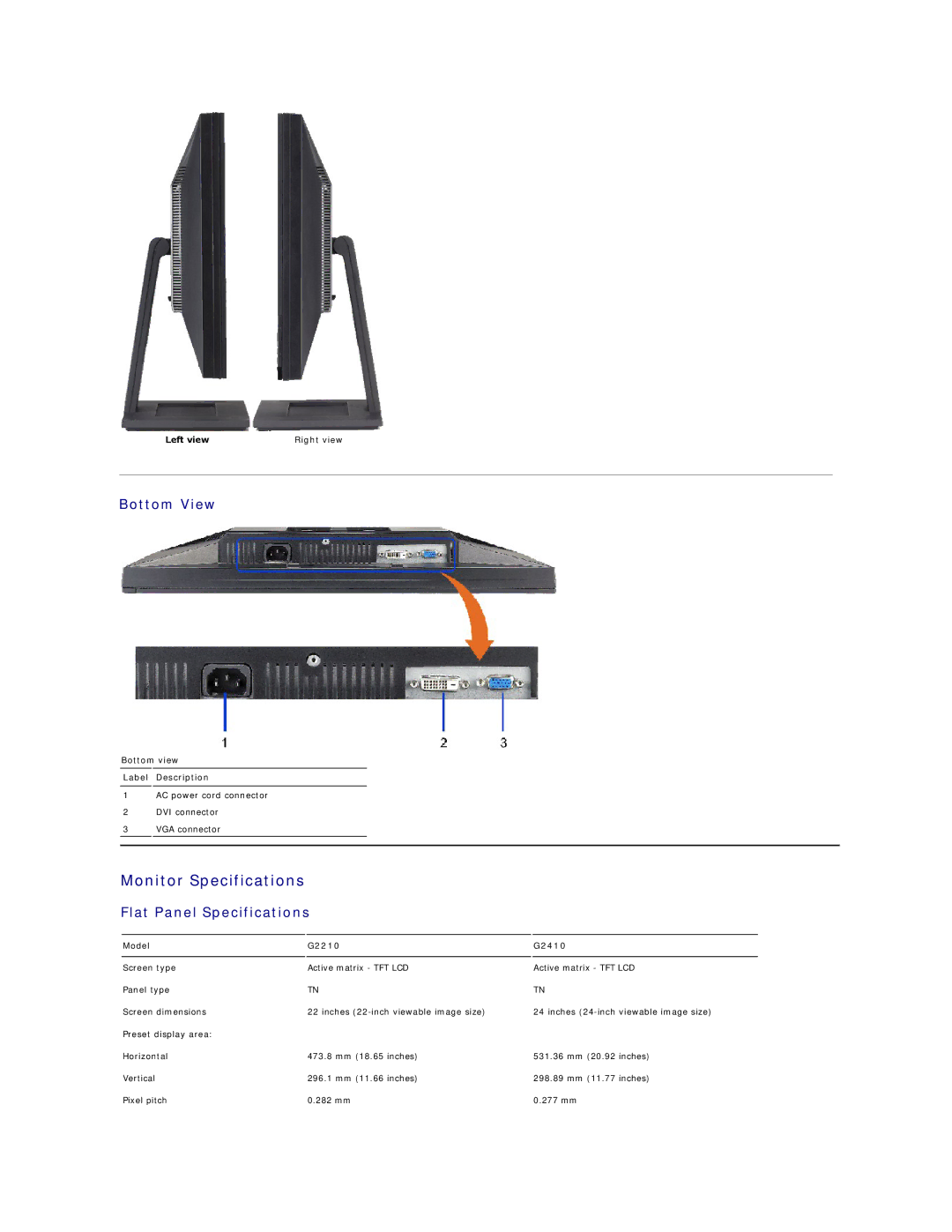 Dell G2410, G2210 appendix Monitor Specifications, Bottom View, Flat Panel Specifications 